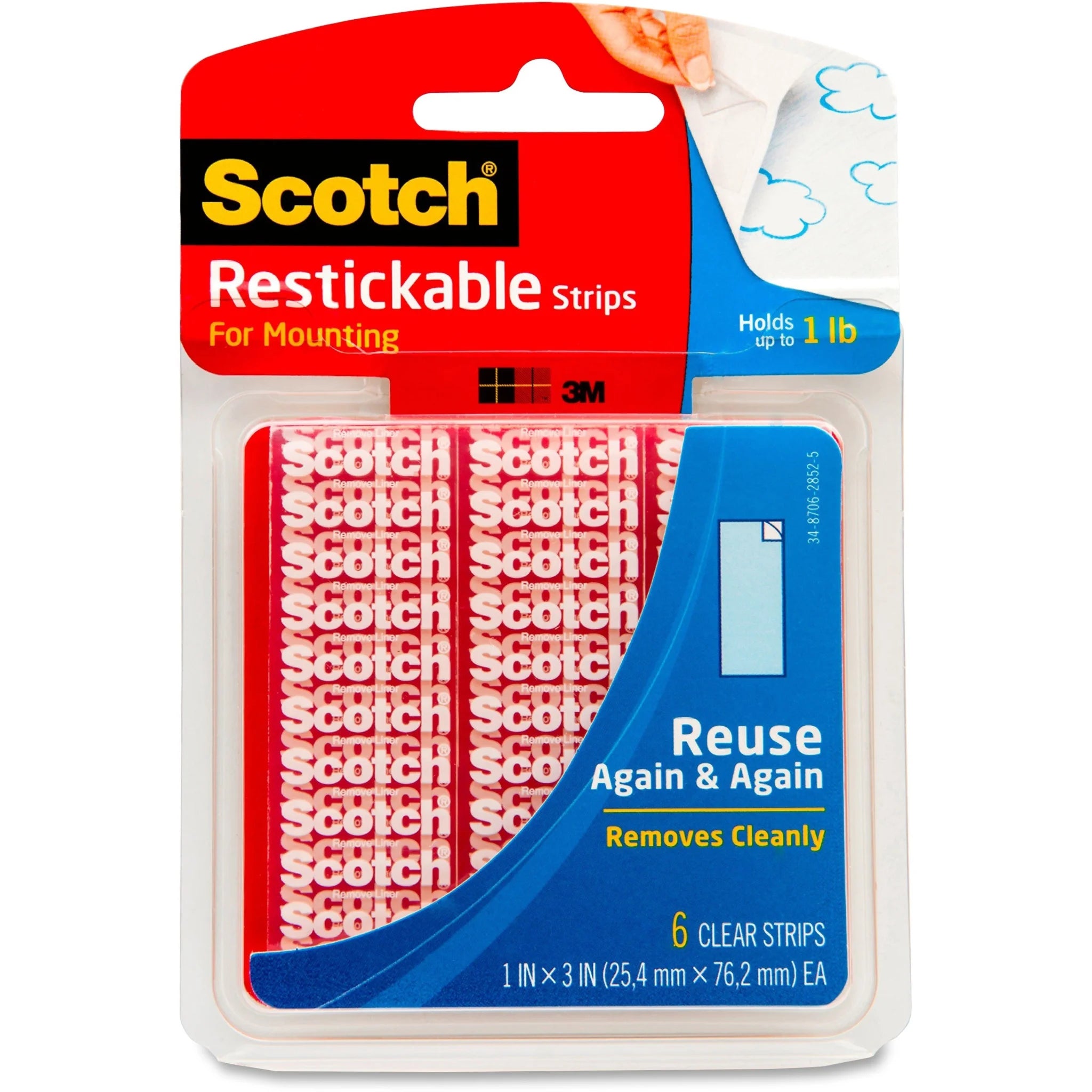 Scotch Restickable Strips - 3’’ Length x 1’’ Width - Clear - UV Resistant Moisture - Mounting Tape & Putty
