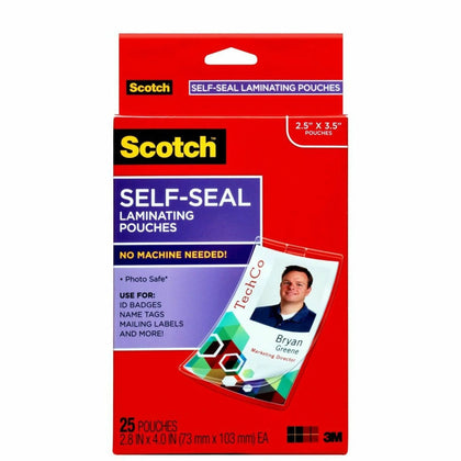 Scotch Self-Laminating ID Clip Pouches - 4’’ x 2.80’’ - Clear - 25 Pack - Badges & Supplies