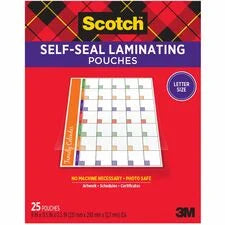 Scotch Self-Seal Laminating Pouches clear and double-sided for letter-size documents. Thick gloss 9’’ x 11.5’’ 9.5 mil.