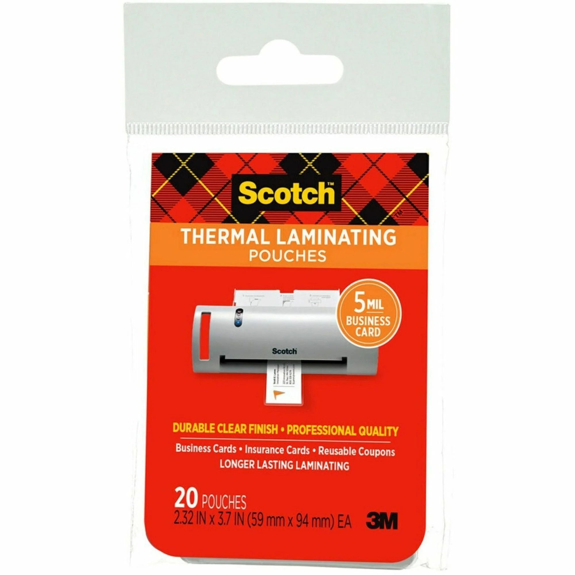Scotch Thermal Laminating Pouches: 2.30’’ x 3.70’’ - 5 mil - Glossy - 20 Pack - Supplies
