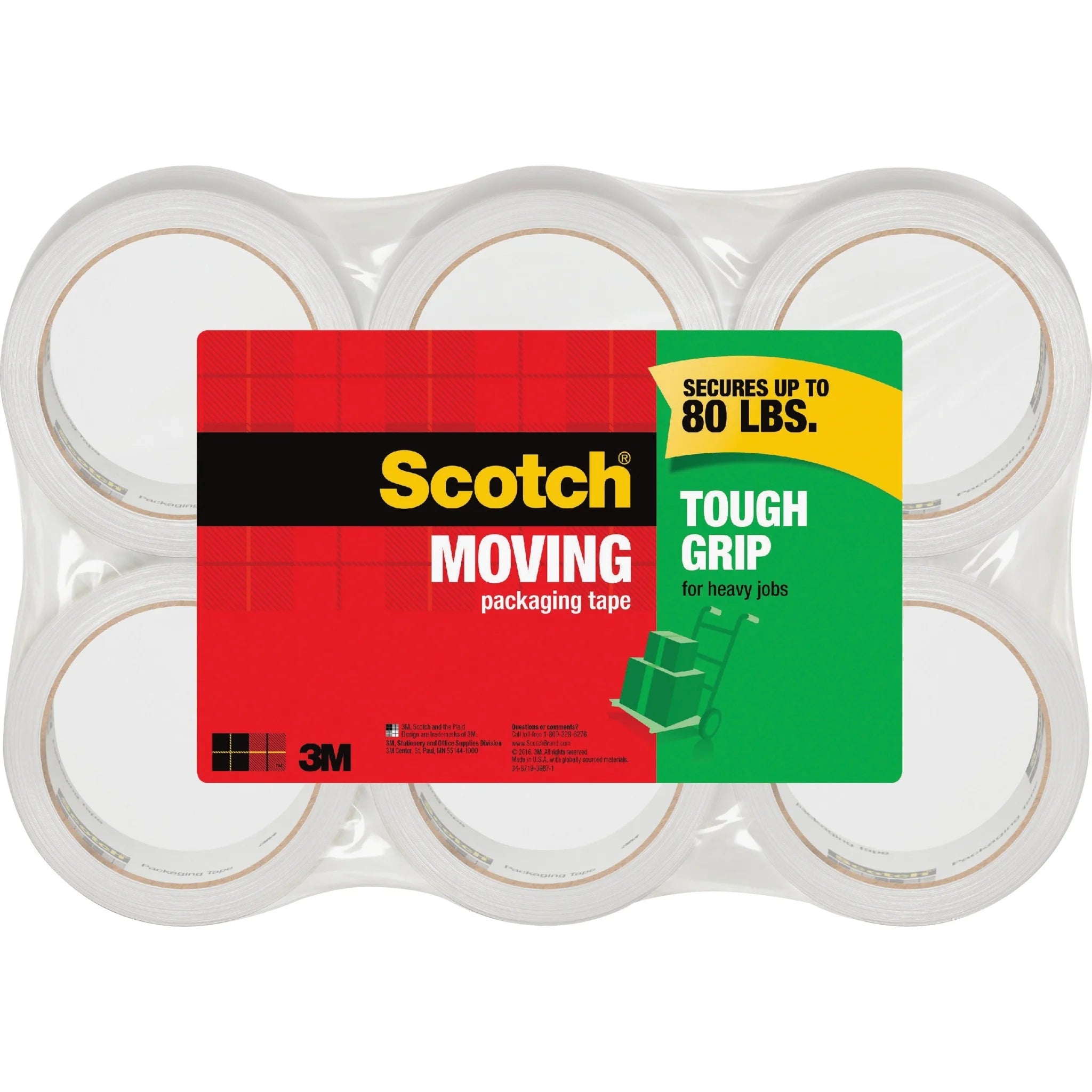 Scotch Tough Grip Moving Packaging Tape - Clear Fiber - 6/Pack - Packing & Dispensers