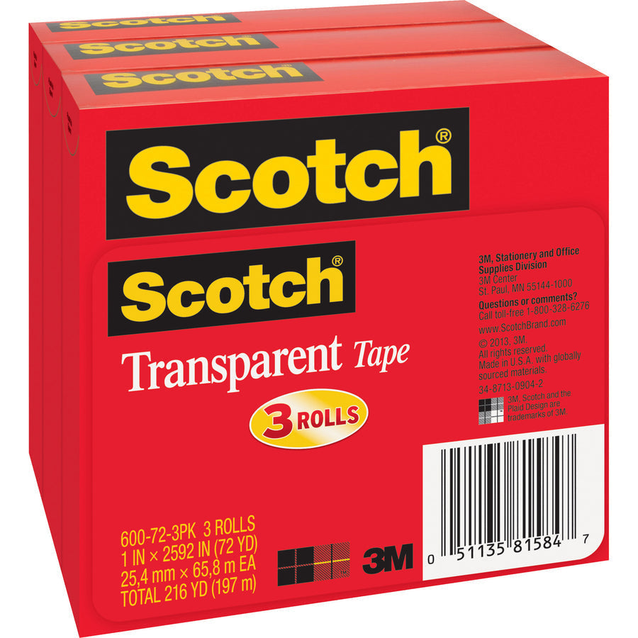 Scotch Transparent Tap - 72 yd Length x 1’’ Width - 3’’ Core - Clear - Long Lasting Moisture Resistant Stain - General
