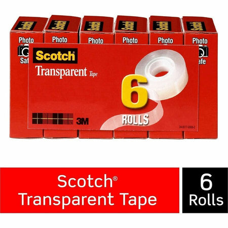 Scotch Transparent Tape - 3/4’’W - 27.78 yd Length x 0.75’’ Width - 1’’ Core - Clear - Moisture Resistant Stain
