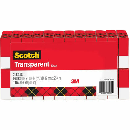 Scotch Transparent Tape: 3/4’’W x 27.78 yd - Clear Long-Lasting - 24 Pack - General Purpose/Office Tape