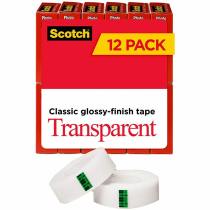 Scotch Transparent Tape: 3/4’’W x 27.78 yd - Clear Moisture Resistant - 12/Pack - General Purpose/Office Tape