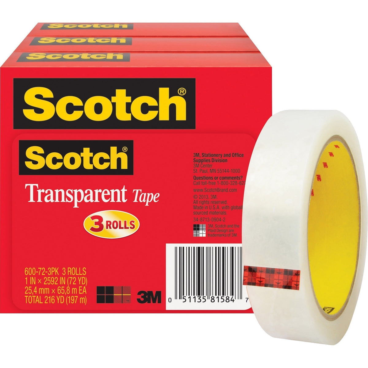 Scotch Transparent Tap - 72 yd Length x 1’’ Width - 3’’ Core - Clear - Long Lasting Moisture Resistant Stain - General