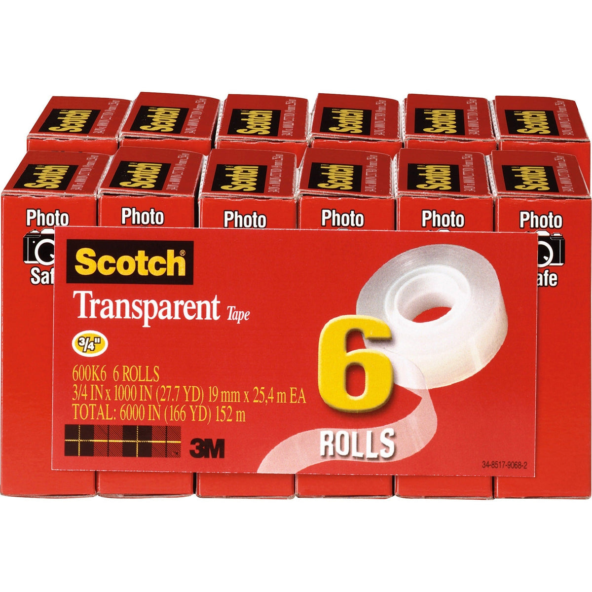 Scotch Transparent Tape - 3/4’’W - 27.78 yd Length x 0.75’’ Width - 1’’ Core - Clear - Moisture Resistant Stain