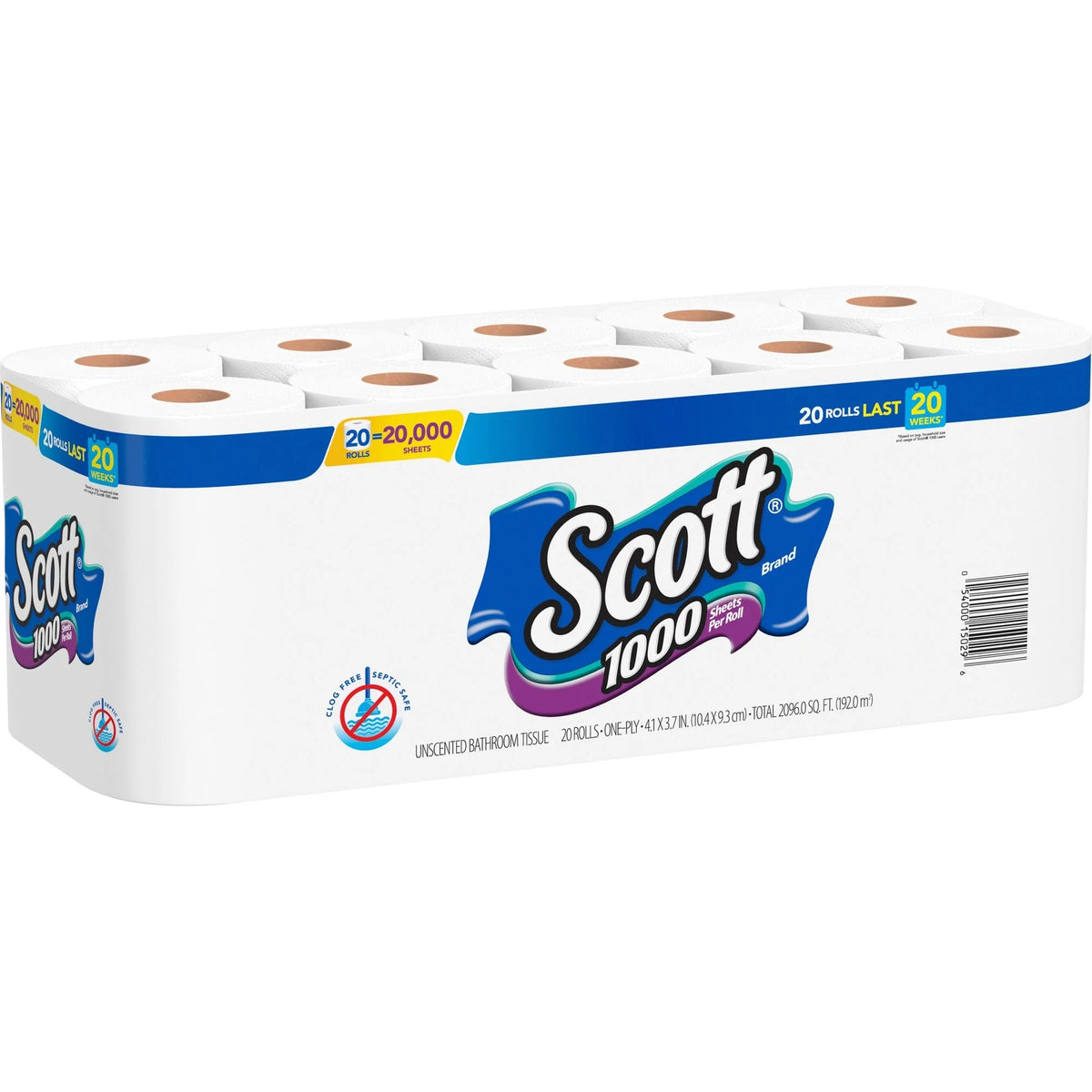 Scott 1-Ply Toilet Paper 1000 Sheets White - PaperPack 20/Pack - Bathroom Tissue