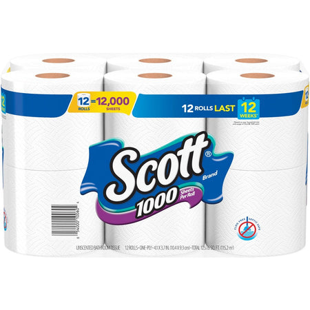 Scott 1000 1-ply 12Roll Bath Tissue - 1 Ply - 3.70’’ Width x 4.10’’ Length - Sheets/Roll - White - 12 / Pack - Bathroom