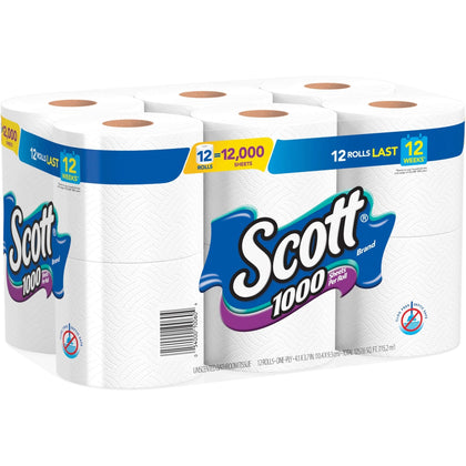 Scott 1000 Bath Tissue: 1-Ply Sheets/Roll - White - 12 Rolls - Bathroom Tissue