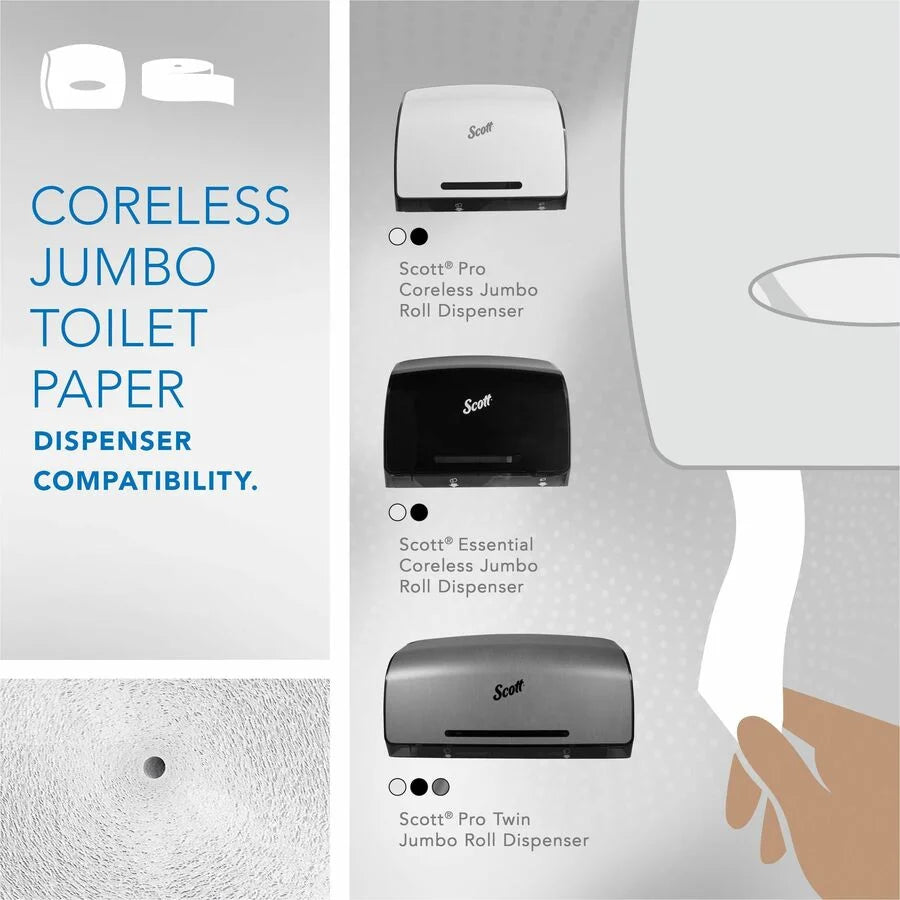 Scott Coreless High-Capacity Jumbo Roll Toilet Paper - 1 Ply - 2300 ft - White - 12/Carton - Bathroom Tissue