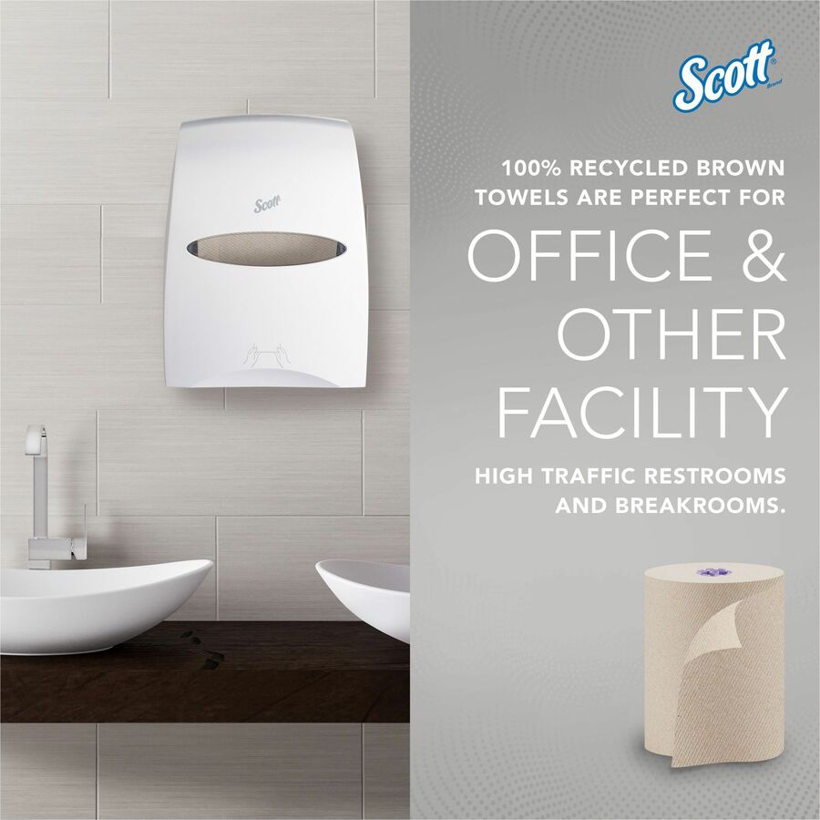 Scott Essential 100% Recycled Hard Roll Towels - 8’’ Width x 700 ft Length - 4200 Sheets - Brown - 6 / Carton - Paper