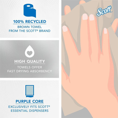 Scott Essential 100% Recycled Hard Roll Towels - 8’’ Width x 700 ft Length - 4200 Sheets - Brown - 6 / Carton - Paper