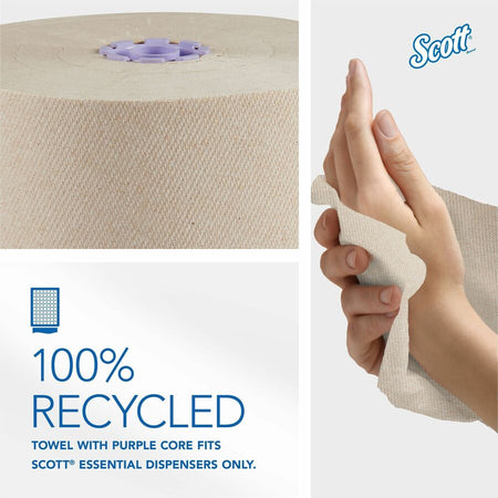 Scott Essential 100% Recycled Hard Roll Towels - 8’’ Width x 700 ft Length - 4200 Sheets - Brown - 6 / Carton - Paper