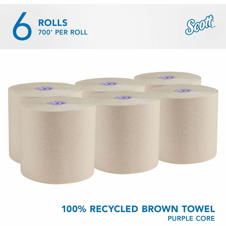 Scott Essential 100% Recycled Hard Roll Towels - 8’’ Width x 700 ft Length - 4200 Sheets - Brown - 6 / Carton - Paper