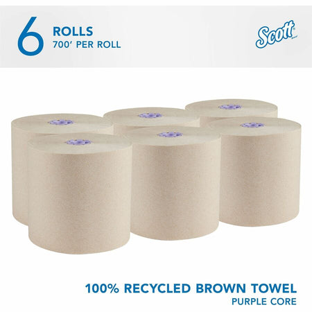 Scott Essential 100% Recycled Hard Roll Towels - 8’’ Width x 700 ft Length - 4200 Sheets - Brown - 6 / Carton - Paper