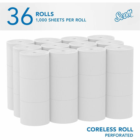 Scott Essential Coreless High-Capacity Standard Roll Toilet Paper - 2 Ply - 4’’ Width x 3.70’’ Length - 1000