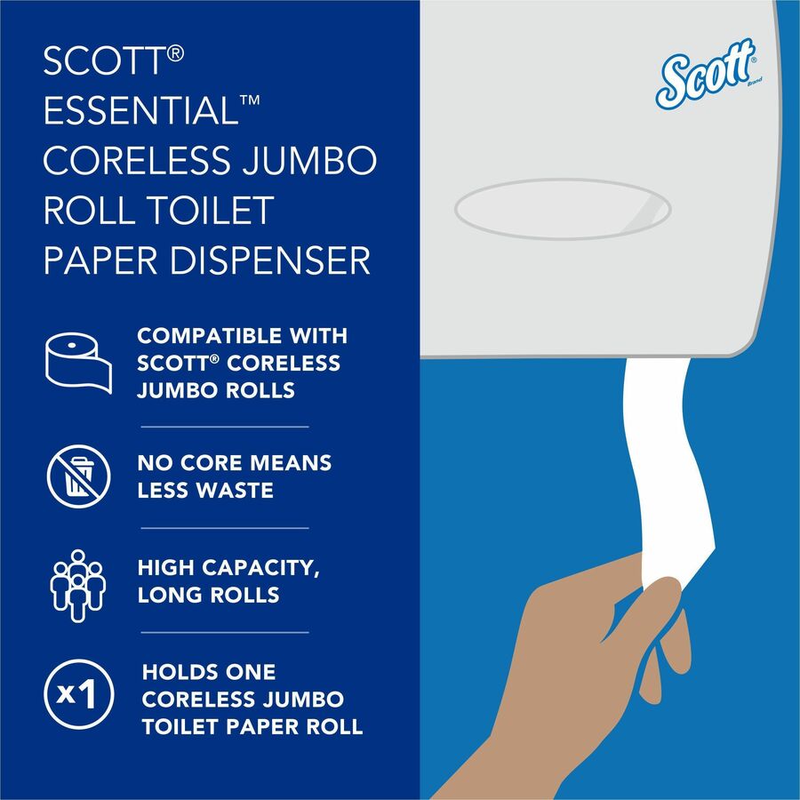 Scott Essential Coreless Jumbo Roll Toilet Paper Dispenser - 9.8’’ Height x 14.3’’ Width 6’’ Depth - White - Bathroom