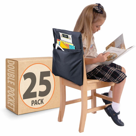 Seat Sack Classroom Pack: 2-Pocket Chair Organizer - Black Poly Cotton - Storage Pouches