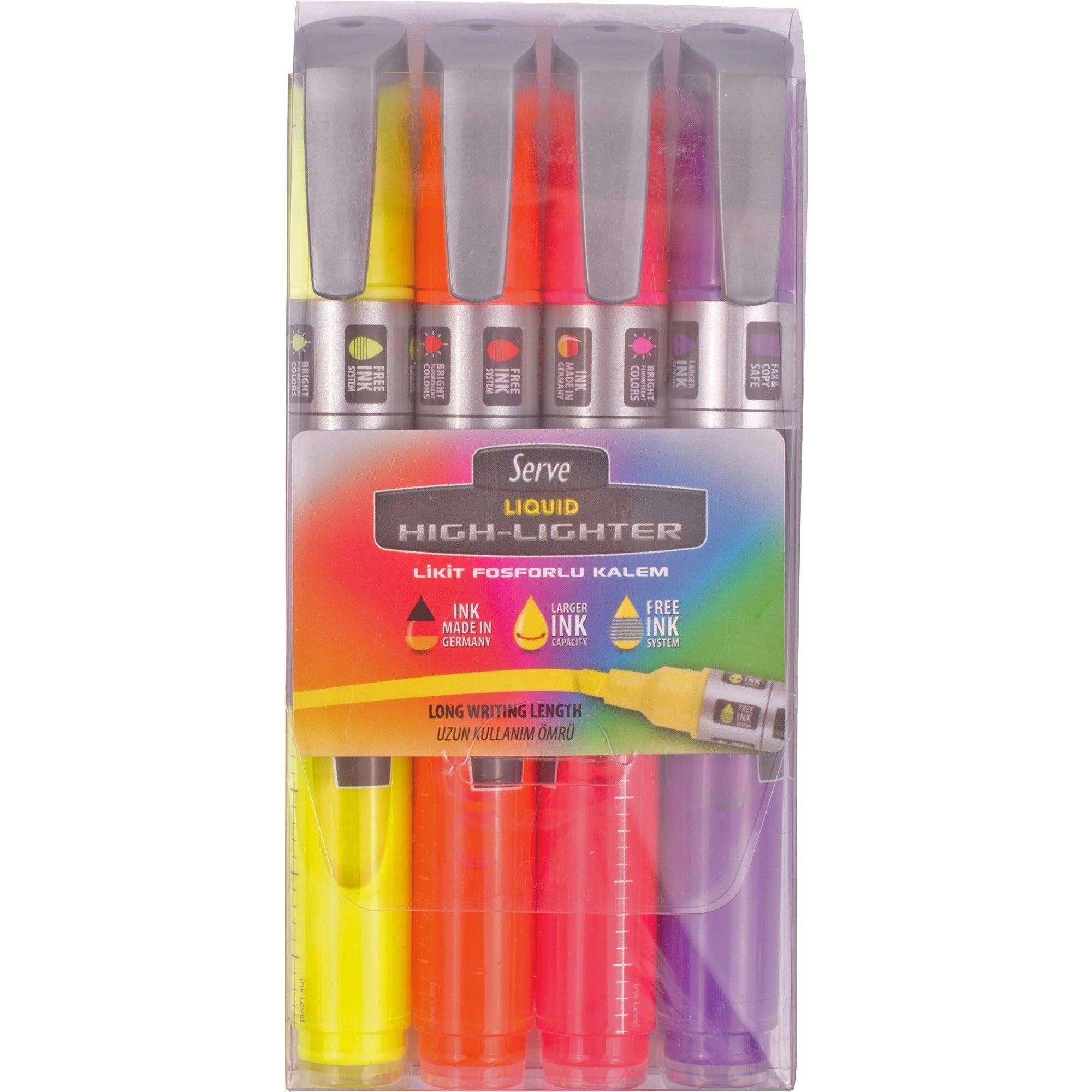 Serve Jumbo Liquid Highlighters - Fluorescent Assorted Ink - 4 / Set