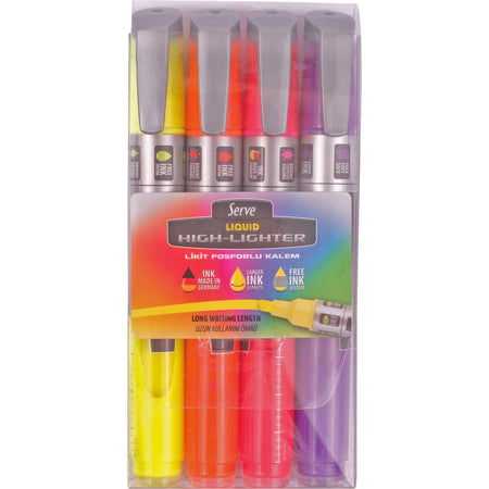 Serve Jumbo Liquid Highlighters - Fluorescent Assorted Ink - 4 / Set