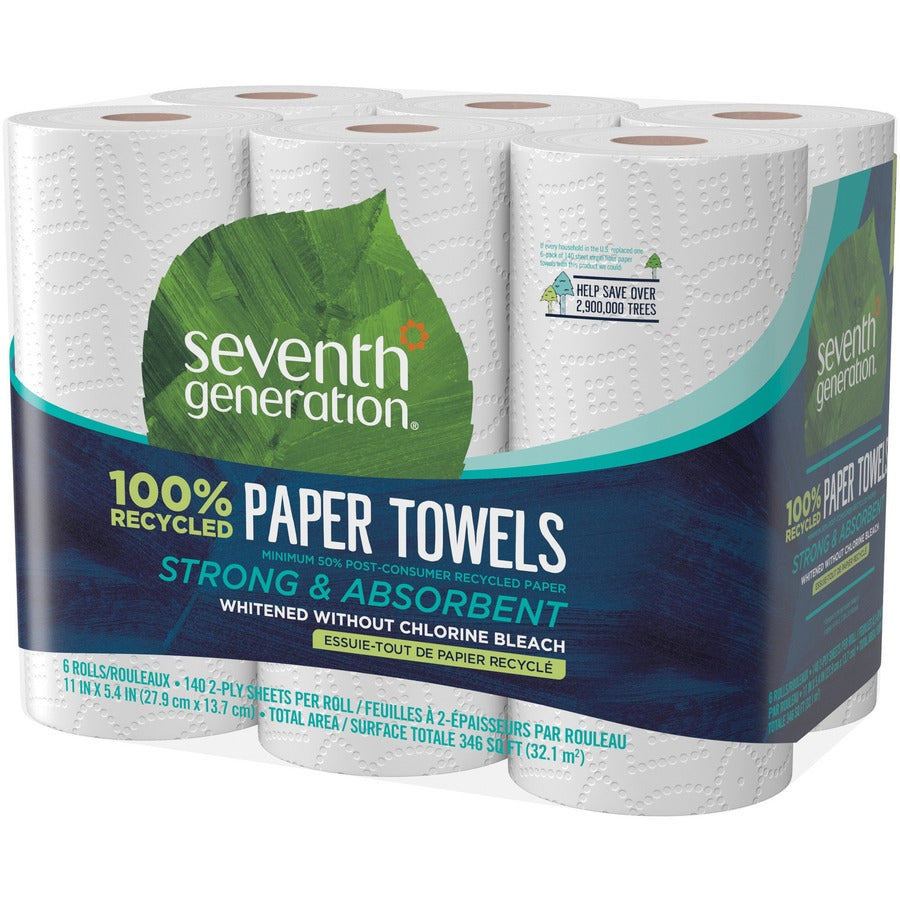 Seventh Generation 100% Recycled Paper Towels - 2 Ply - 11’’ Width x 5.40’’ Length - 140 Sheets/Roll - White - 6 / Pack