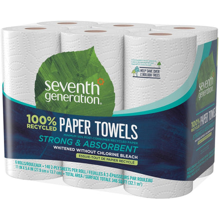 Seventh Generation 100% Recycled Paper Towels - 2 Ply - 11’’ Width x 5.40’’ Length - 140 Sheets/Roll - White - 6 / Pack