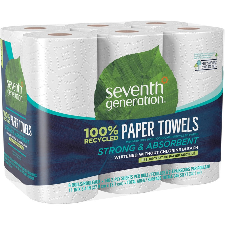 Seventh Generation 100% Recycled Paper Towels - 2 Ply - 11’’ Width x 5.40’’ Length - 140 Sheets/Roll - White - 6 / Pack