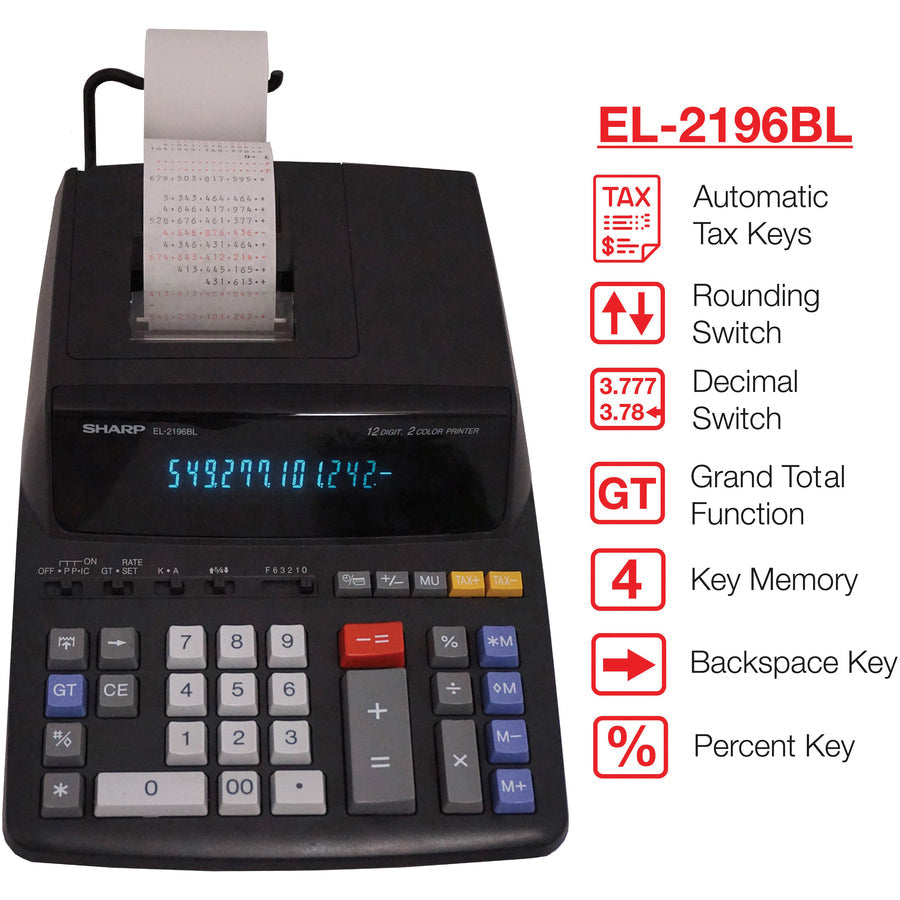 Sharp EL-2196BL Printing Calculator - Efficient 12-Digit with Independent Memory - Calculators