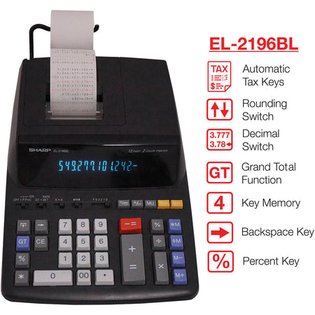 Sharp EL-2196BL Printing Calculator - Efficient 12-Digit with Independent Memory - Calculators