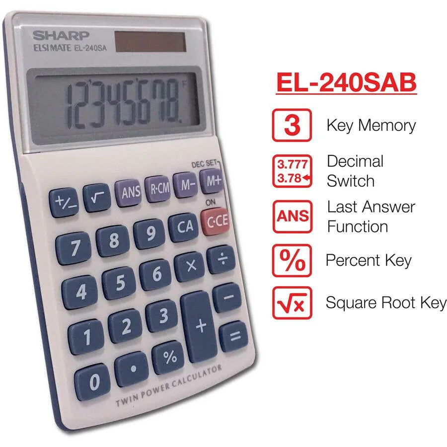 Sharp EL-240SAB Handheld Calculator - 8-Digit LCD 3-Key Memory - Calculators