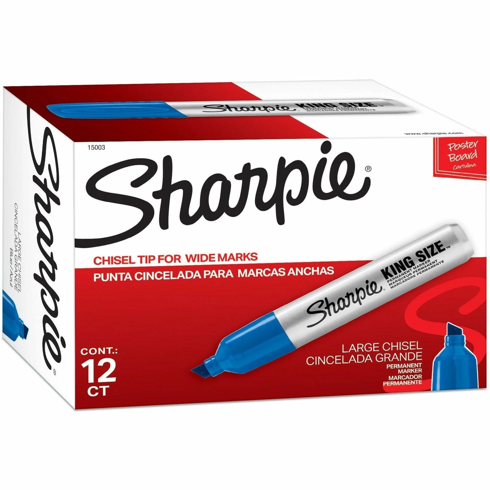 Sharpie King-Size Blue Permanent Markers - Chisel Point - Silver Barrel - 1 Dozen - & Dry-Erase