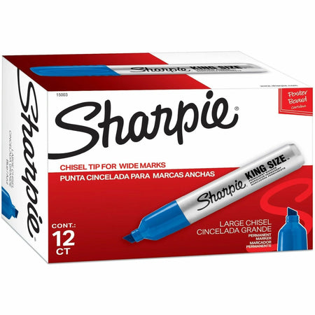 Sharpie King-Size Blue Permanent Markers - Chisel Point - Silver Barrel - 1 Dozen - & Dry-Erase