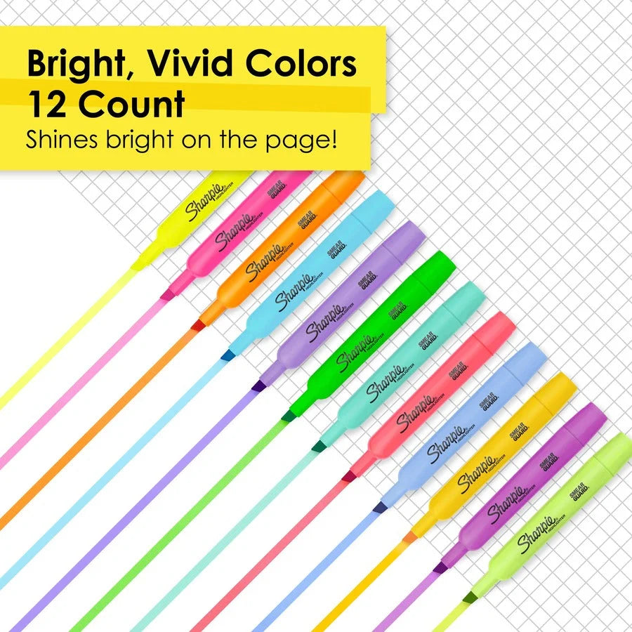 Sharpie SmearGuard Highlighters - Wide Chisel & Narrow Marker Point - 12 Pack