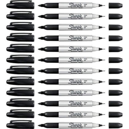 Sharpie Twin Tip Permanent Markers - Ultra Fine & Point - Black Ink - 12/Box - Dry-Erase