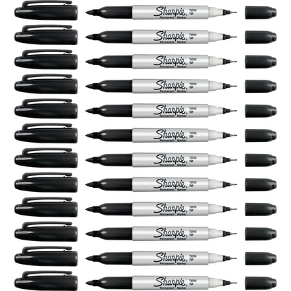 Sharpie Twin Tip Permanent Markers - Ultra Fine & Point - Black Ink - 12/Box - Dry-Erase