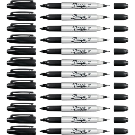 Sharpie Twin Tip Permanent Markers - Ultra Fine & Point - Black Ink - 12/Box - Dry-Erase