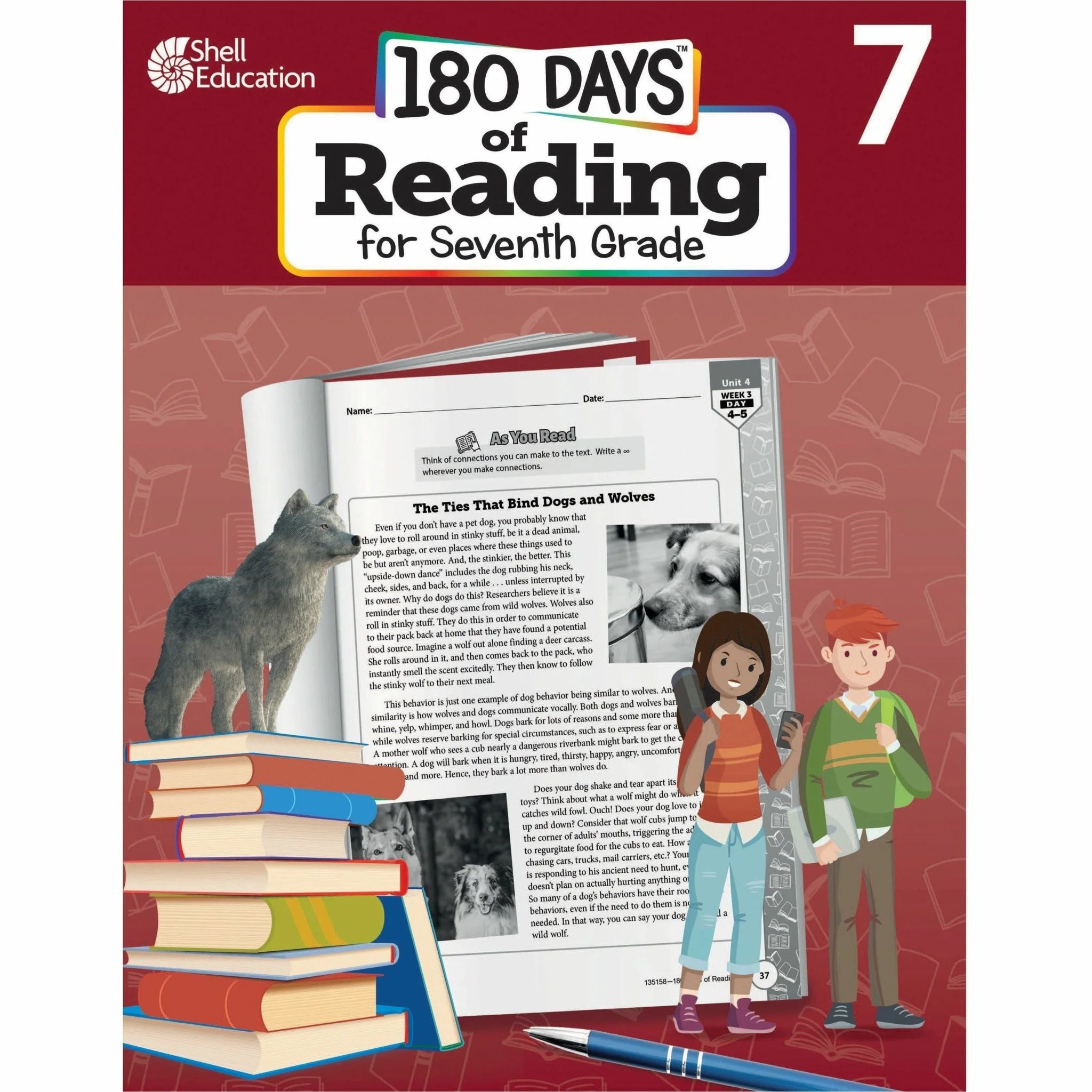 Shell Education 180 Days of Reading for 7th Grade - English Workbook - Learning Books & Activities