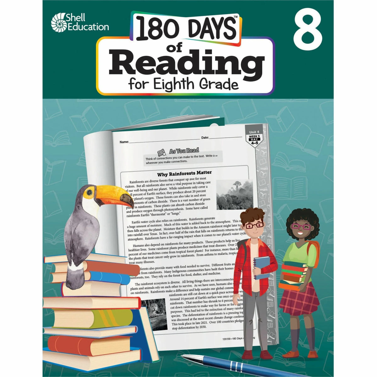 Shell Education 180 Days of Reading for 8th Grade - English Workbook - Learning Books & Activities