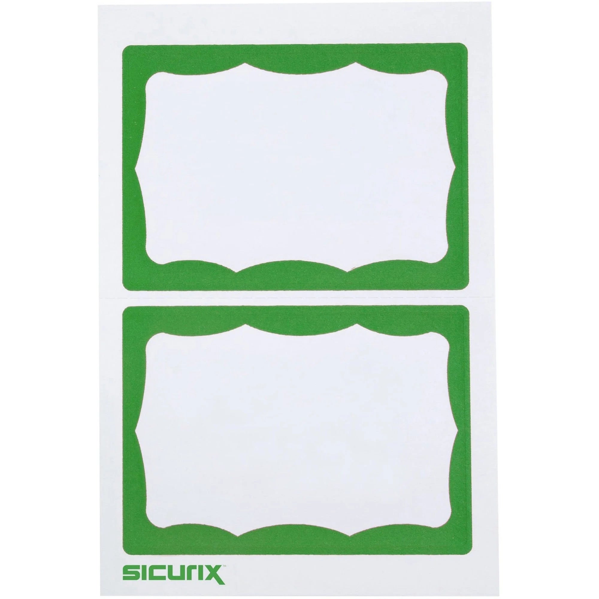 SICURIX Green Border Adhesive Badges - 100 Pack White - Easy Peel - 2 Per Sheet - ID & Supplies