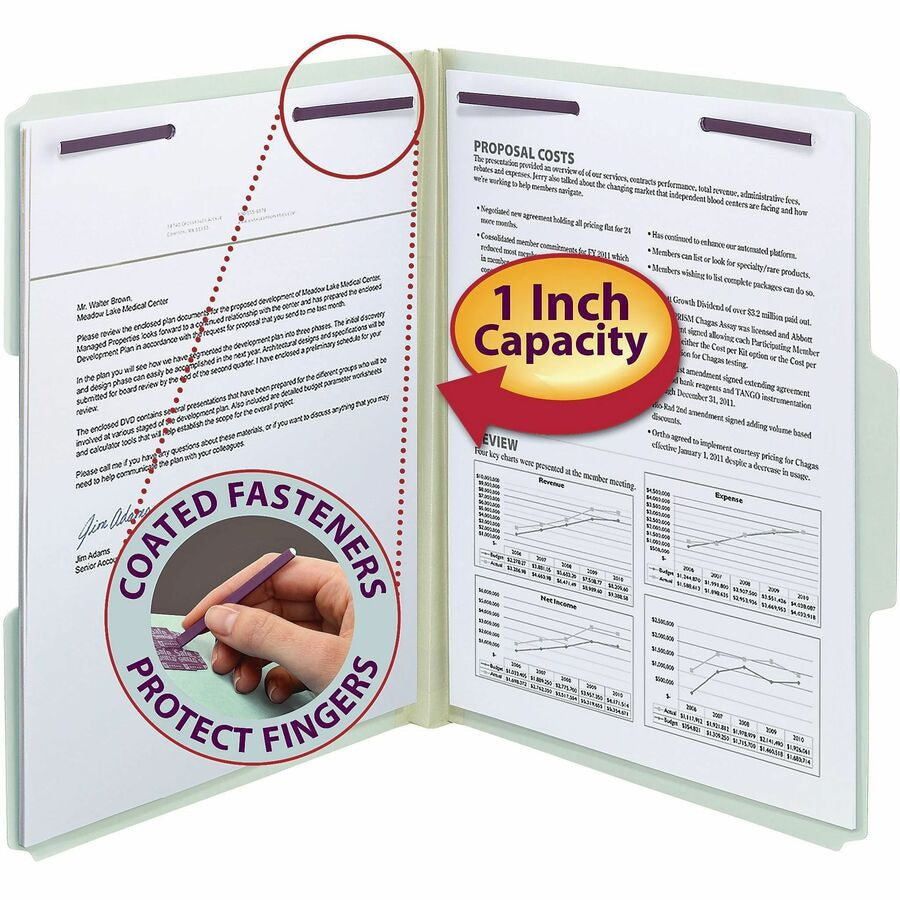 Smead 1/3 Tab Cut Letter Recycled Fastener Folder - 8 1/2’’ x 11’’ - 1’’ Expansion - 2 2S Fastener(s) - 2’’