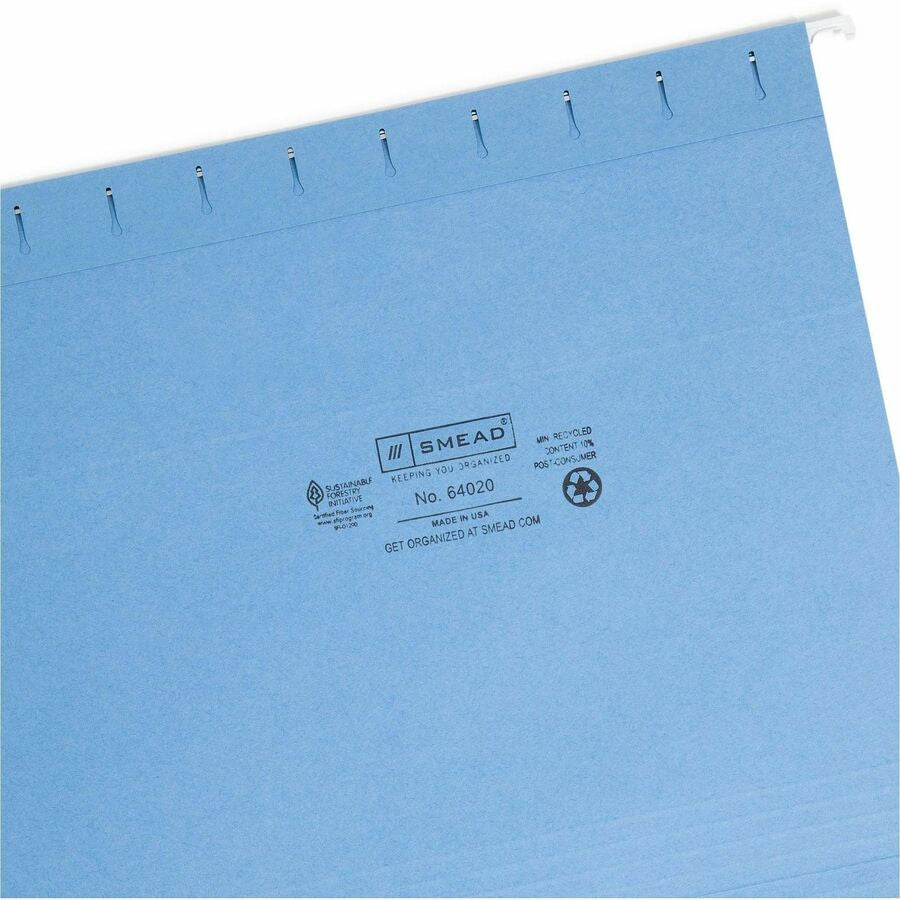 Smead 1/3 Tab Cut Letter Recycled Hanging Folder - 8 1/2’’ x 11’’ - Top Location - Assorted Position - 11 pt. - Poly