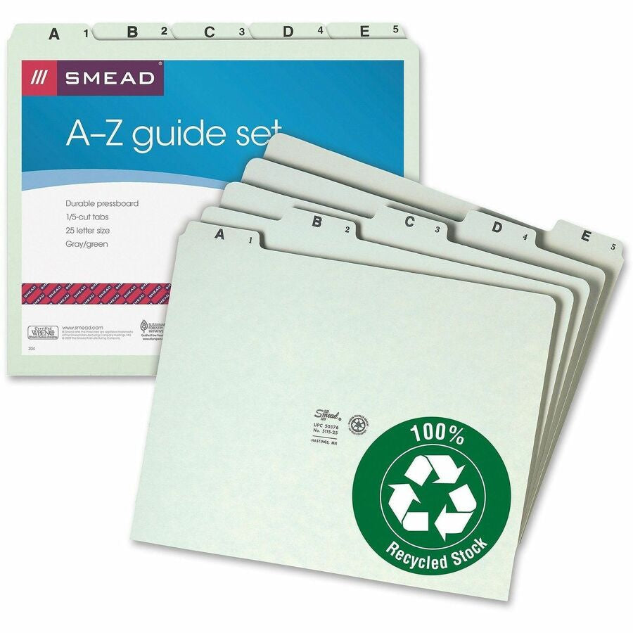 Smead A-Z 1/5 Tab Cut Recycled Letter Pressboard Guides - Assorted Tab(s) - 100% - 25 / Set - Filing