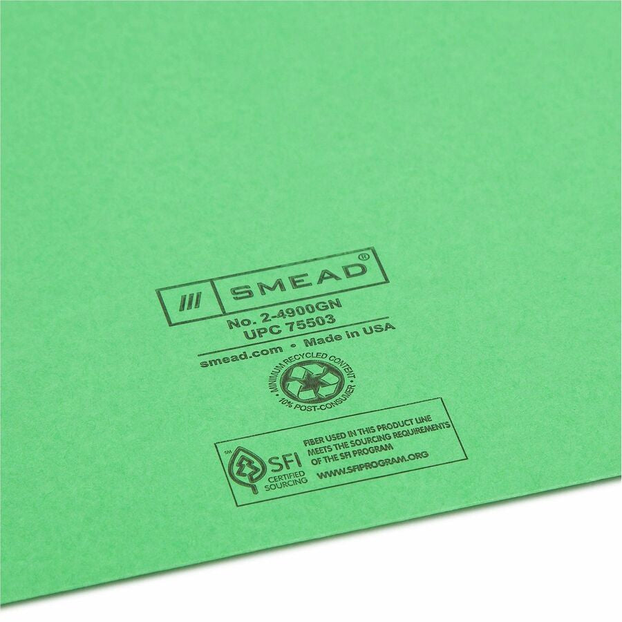 Smead Colored Straight Tab Cut Letter Recycled File Jacket - 8 1/2’’ x 11’’ - 11 pt. - 2 Plys - Green - Filing Jackets