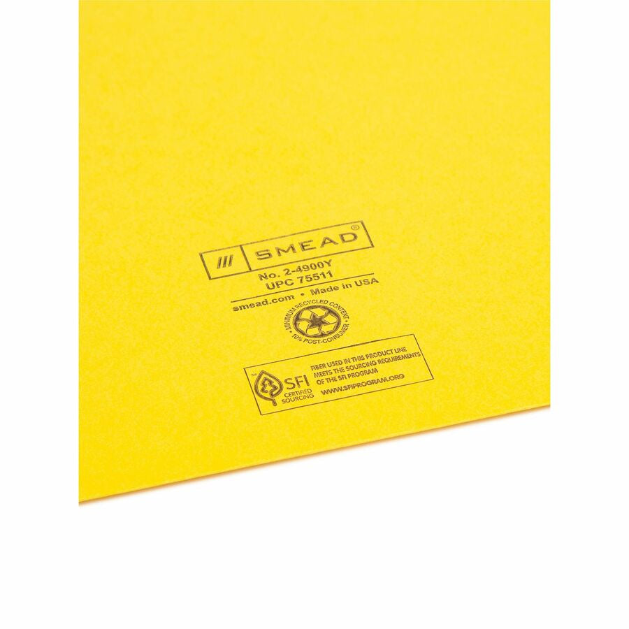 Smead Colored Straight Tab Cut Letter Recycled File Jacket - 8 1/2’’ x 11’’ - 11 pt. - 2 Plys - Yellow - Filing Jackets