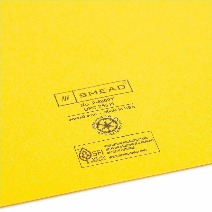 Smead Colored Straight Tab Cut Letter Recycled File Jacket - 8 1/2’’ x 11’’ - 11 pt. - 2 Plys - Yellow - Filing Jackets