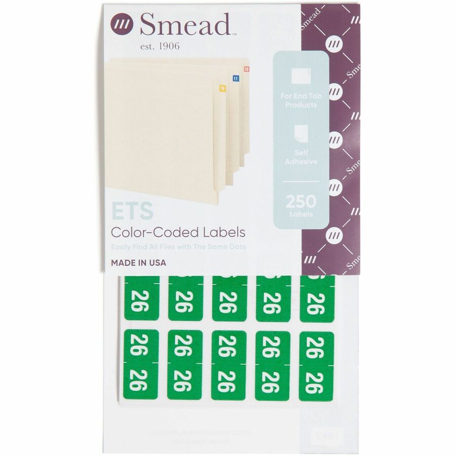 Smead ETS Color-Coded Year Labels - 1/2’’ Height x 1’’ Width - Green - Paper - Laminated - Self-adhesive Durable - 25