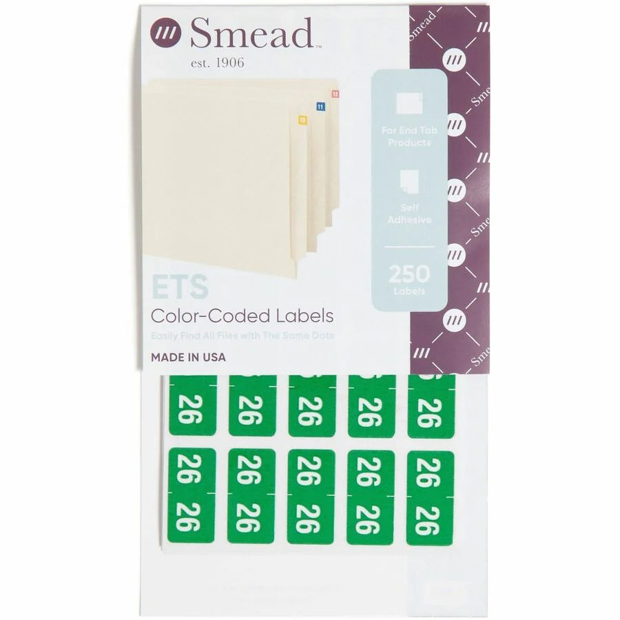 Smead ETS Color-Coded Year Labels - 1/2’’ Height x 1’’ Width - Green - Paper - Laminated - Self-adhesive Durable - 25