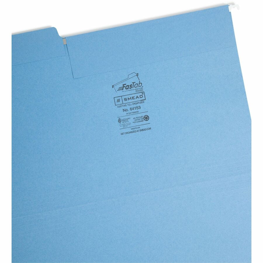 Smead FasTab 1/3 Tab Cut Legal Recycled Hanging Folder - 8 1/2’’ x 14’’ - Top Location - Assorted Position - 11 pt.
