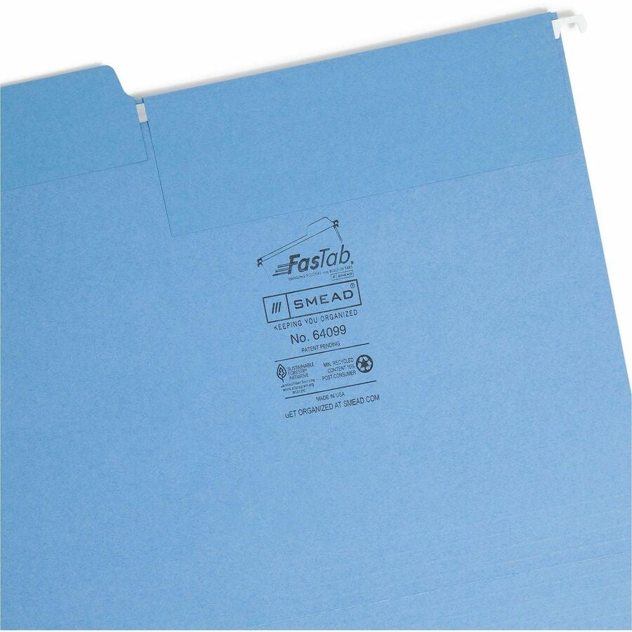 Smead FasTab 1/3 Tab Cut Letter Recycled Hanging Folder - 8 1/2’’ x 11’’ - Top Location - Assorted Position - 11 pt.